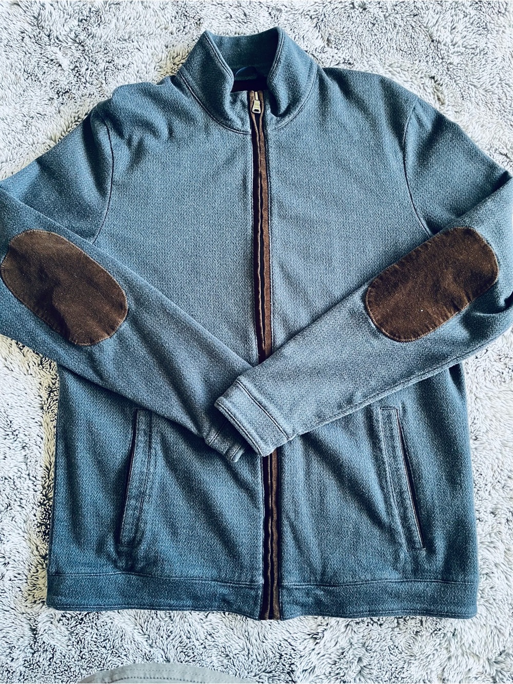 HUGO BOSS Men’s Blue Full-Zip Sweater with Brown Corduroy Elbow Patches